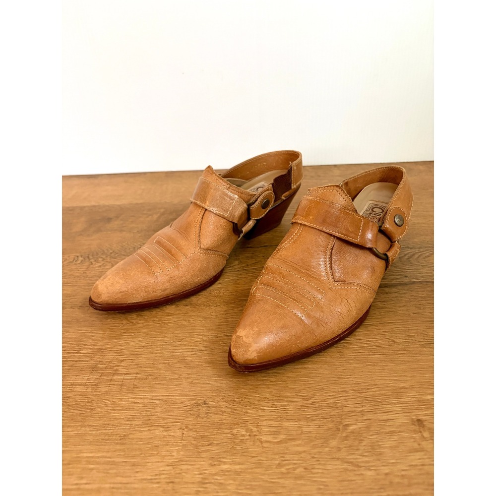 Vintage Circles Tan Leather Western Slingback Mules Size 7 Boho Cowgirl Heels - Picture 6 of 8